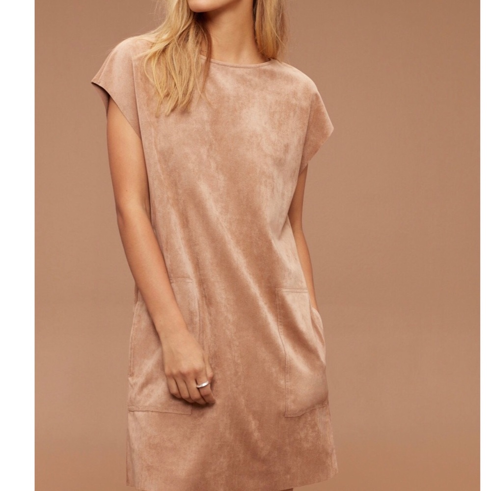 Aritzia Short Sleeve Suede-Look Mini Dress in Blush Tan
